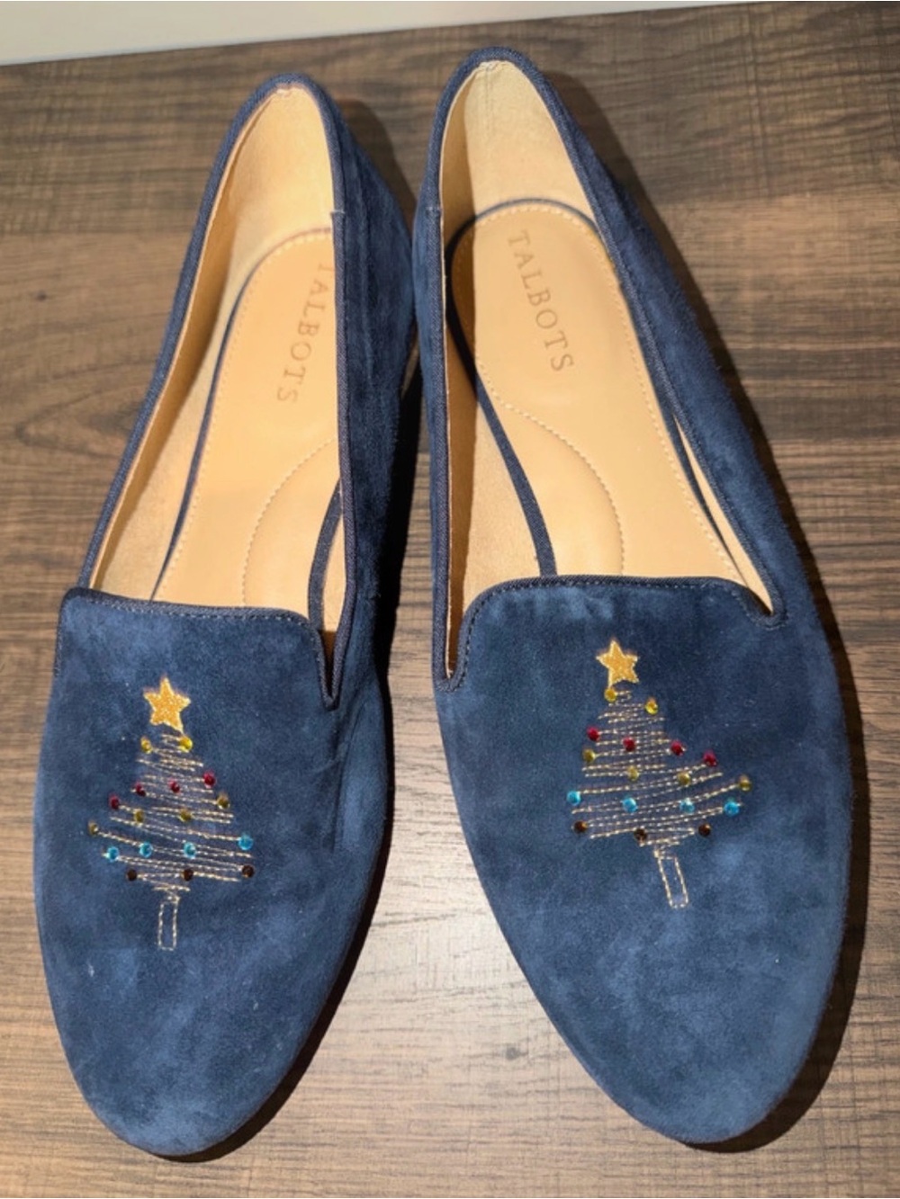 Talbots Navy Suede Loafers with Embroidered Holiday Tree